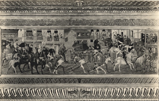 National Gallery, London — Apollonio di Giovanni - sec. XV - Veduta di Firenze con giostra cavalleresca in piazza S. Croce — particolare, fronte del cassone